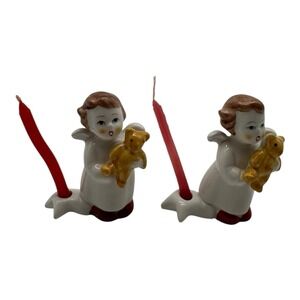 Pair of Vintage Goebel Christmas Candle Holders Angel w/ Teddy Bear 2.5" Tall #3